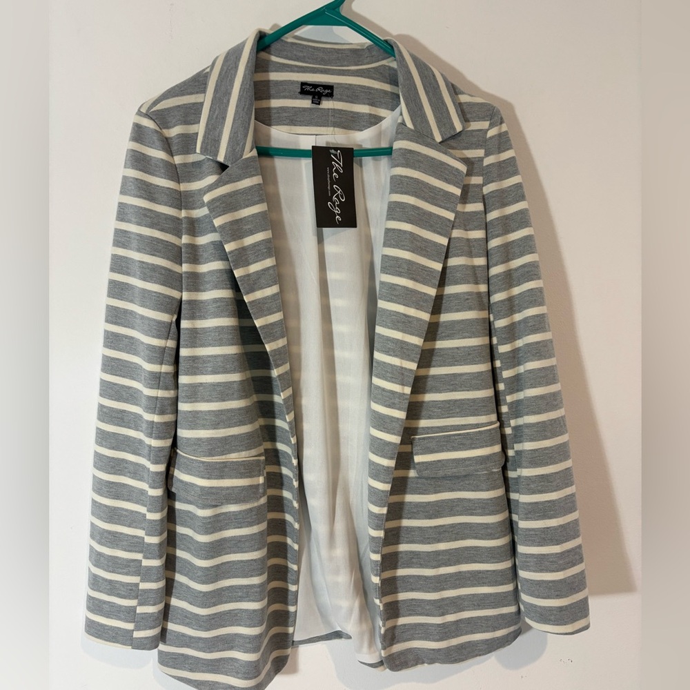 The Rage Women’s Small Blazer Striped Gray Off White Business Casual NWT